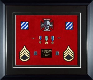 Military Shadow Box Examples With Aviation Patch, Medals, and 3rd Id Insignias