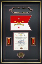 Military Shadow Box Example with Gold Cavalry Spurs and Cavalry Guidon