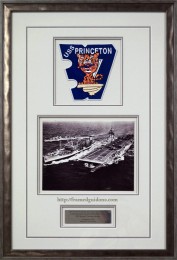 Framed B&W Photograph Of The USS Princeton With Tiger Patch