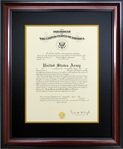 Army commission certificate custom frame with mahogany tone wood.