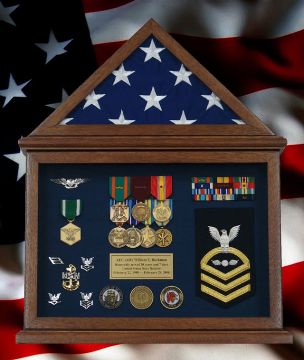 Retirement Flag Display Case With a U.S. Flag And Navy Memorabilia