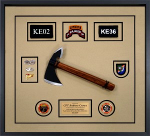 Military Shadow Box Examples - Tomahawk With Ranger Coins, Patch, and Memorabilia